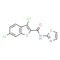 ChemSpider 2D Image | 3,6-Dichloro-N-(1,3-thiazol-2-yl)-1-benzothiophene-2-carboxamide | C12H6Cl2N2OS2