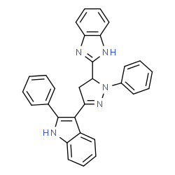 ChemSpider 2D Image | 2-[1-Phenyl-3-(2-phenyl-1H-indol-3-yl)-4,5-dihydro-1H-pyrazol-5-yl]-1H-benzimidazole | C30H23N5