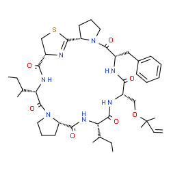 ChemSpider 2D Image | (2S,8S,11S,14S,17S,23S,26R)-8-Benzyl-14,23-di-sec-butyl-11-{[(2-methyl-3-buten-2-yl)oxy]methyl}-28-thia-6,9,12,15,21,24,29-heptaazatetracyclo[24.2.1.0~2,6~.0~17,21~]nonacos-1(29)-ene-7,10,13,16,22,25-
hexone | C42H61N7O7S