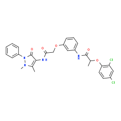 ChemSpider 2D Image | 2-(2,4-Dichlorophenoxy)-N-(3-{2-[(1,5-dimethyl-3-oxo-2-phenyl-2,3-dihydro-1H-pyrazol-4-yl)amino]-2-oxoethoxy}phenyl)propanamide | C28H26Cl2N4O5