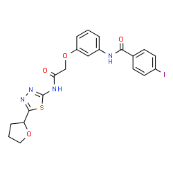 ChemSpider 2D Image | 4-Iodo-N-[3-(2-oxo-2-{[5-(tetrahydro-2-furanyl)-1,3,4-thiadiazol-2-yl]amino}ethoxy)phenyl]benzamide | C21H19IN4O4S