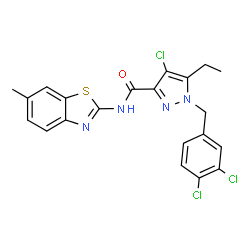 ChemSpider 2D Image | 4-Chloro-1-(3,4-dichlorobenzyl)-5-ethyl-N-(6-methyl-1,3-benzothiazol-2-yl)-1H-pyrazole-3-carboxamide | C21H17Cl3N4OS