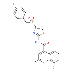 ChemSpider 2D Image | 8-Chloro-N-{3-[(4-fluorobenzyl)sulfonyl]-1,2,4-thiadiazol-5-yl}-2-methyl-4-quinolinecarboxamide | C20H14ClFN4O3S2