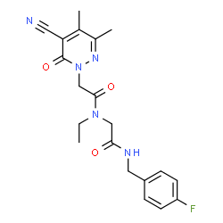ChemSpider 2D Image | N~2~-[(5-Cyano-3,4-dimethyl-6-oxo-1(6H)-pyridazinyl)acetyl]-N~2~-ethyl-N-(4-fluorobenzyl)glycinamide | C20H22FN5O3
