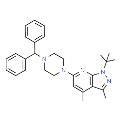 ChemSpider 2D Image | 6-[4-(Diphenylmethyl)-1-piperazinyl]-3,4-dimethyl-1-(2-methyl-2-propanyl)-1H-pyrazolo[3,4-b]pyridine | C29H35N5