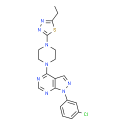 ChemSpider 2D Image | 1-(3-Chlorophenyl)-4-[4-(5-ethyl-1,3,4-thiadiazol-2-yl)-1-piperazinyl]-1H-pyrazolo[3,4-d]pyrimidine | C19H19ClN8S