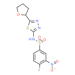 ChemSpider 2D Image | 4-Fluoro-3-nitro-N-[5-(tetrahydro-2-furanyl)-1,3,4-thiadiazol-2-yl]benzenesulfonamide | C12H11FN4O5S2