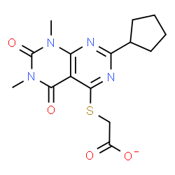 ChemSpider 2D Image | [(2-Cyclopentyl-6,8-dimethyl-5,7-dioxo-5,6,7,8-tetrahydropyrimido[4,5-d]pyrimidin-4-yl)sulfanyl]acetate | C15H17N4O4S