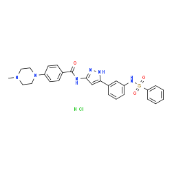 ChemSpider 2D Image | 4-(4-Methyl-1-piperazinyl)-N-(5-{3-[(phenylsulfonyl)amino]phenyl}-1H-pyrazol-3-yl)benzamide hydrochloride (1:1) | C27H29ClN6O3S