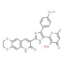 ChemSpider 2D Image | 8-[5-(3-Hydroxy-6-methyl-4-oxo-4H-pyran-2-yl)-4-(4-methoxyphenyl)-1H-imidazol-2-yl]-2,3-dihydro[1,4]dioxino[2,3-g]quinolin-7(6H)-one | C27H21N3O7