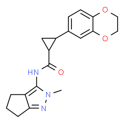 ChemSpider 2D Image | 2-(2,3-Dihydro-1,4-benzodioxin-6-yl)-N-(2-methyl-2,4,5,6-tetrahydrocyclopenta[c]pyrazol-3-yl)cyclopropanecarboxamide | C19H21N3O3