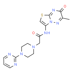 ChemSpider 2D Image | N-(6-Methyl-7-oxo-7H-[1,3]thiazolo[3,2-b][1,2,4]triazin-3-yl)-2-[4-(2-pyrimidinyl)-1-piperazinyl]acetamide | C16H18N8O2S