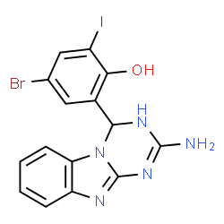 ChemSpider 2D Image | 2-(2-Amino-3,4-dihydro[1,3,5]triazino[1,2-a]benzimidazol-4-yl)-4-bromo-6-iodophenol | C15H11BrIN5O