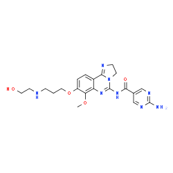 ChemSpider 2D Image | 2-Amino-N-(2,3-Dihydro-8-(3-((2-Hydroxyethyl)Amino)Propoxy)-7-Methoxyimidazo(1,2-C)Quinazolin-5-Yl)-5-Pyrimidinecarboxamide | C21H26N8O4