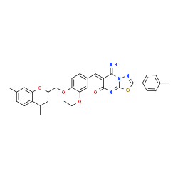 ChemSpider 2D Image | (5Z,6Z)-6-{3-Ethoxy-4-[2-(2-isopropyl-5-methylphenoxy)ethoxy]benzylidene}-5-imino-2-(4-methylphenyl)-5,6-dihydro-7H-[1,3,4]thiadiazolo[3,2-a]pyrimidin-7-one | C33H34N4O4S