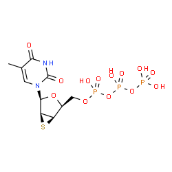 ChemSpider 2D Image | 1-[2,3-Anhydro-5-O-(hydroxy{[hydroxy(phosphonooxy)phosphoryl]oxy}phosphoryl)-2-thio-beta-L-lyxofuranosyl]-5-methyl-2,4(1H,3H)-pyrimidinedione | C10H15N2O13P3S