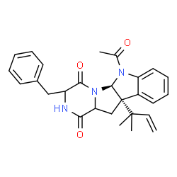 ChemSpider 2D Image | (5aS,10bS)-6-Acetyl-3-benzyl-10b-(2-methyl-3-buten-2-yl)-6,10b,11,11a-tetrahydro-2H-pyrazino[1',2':1,5]pyrrolo[2,3-b]indole-1,4(3H,5aH)-dione | C27H29N3O3