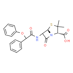 ChemSpider 2D Image | (2S,5R)-3,3-Dimethyl-7-oxo-6-{[phenoxy(phenyl)acetyl]amino}-4-thia-1-azabicyclo[3.2.0]heptane-2-carboxylic acid | C22H22N2O5S