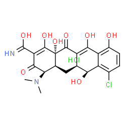 ChemSpider 2D Image | (4R,4aS,5aS,6S,12aR)-7-Chloro-4-(dimethylamino)-1,6,10,11,12a-pentahydroxy-3,12-dioxo-3,4,4a,5,5a,6,12,12a-octahydro-2-tetracenecarboximidic acid hydrochloride (1:1) | C21H22Cl2N2O8