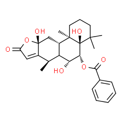 ChemSpider 2D Image | (4aR,5R,6R,7R,10aR,11aS,11bR)-4a,6,10a-Trihydroxy-4,4,7,11b-tetramethyl-9-oxo-1,2,3,4,4a,5,6,6a,7,9,10a,11,11a,11b-tetradecahydrophenanthro[3,2-b]furan-5-yl benzoate | C27H34O7