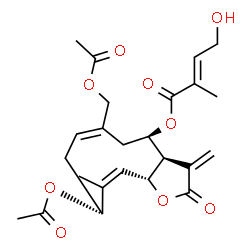 ChemSpider 2D Image | (3aR,4R,6E,9R,11aR)-9-Acetoxy-6-(acetoxymethyl)-10-methyl-3-methylene-2-oxo-2,3,3a,4,5,8,9,11a-octahydrocyclodeca[b]furan-4-yl (2E)-4-hydroxy-2-methyl-2-butenoate | C24H30O9