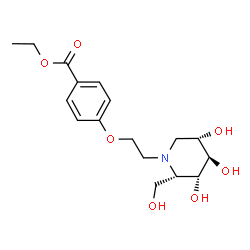 ChemSpider 2D Image | Ethyl 4-{2-[(2S,3R,4R,5S)-3,4,5-trihydroxy-2-(hydroxymethyl)-1-piperidinyl]ethoxy}benzoate | C17H25NO7