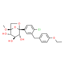ChemSpider 2D Image | (1S,2S,3R,4R,5S)-5-[4-Chloro-3-(4-ethoxybenzyl)phenyl]-1-methoxy-6,8-dioxabicyclo[3.2.1]octane-2,3,4-triol (non-preferred name) | C22H25ClO7