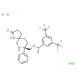 ChemSpider 2D Image | (8R)-8-({(1S)-1-[3,5-Bis(trifluoromethyl)phenyl]ethoxy}methyl)-8-phenyl-1,7-diazaspiro[4.5]decan-2-one hydrochloride hydrate | C25H29ClF6N2O3