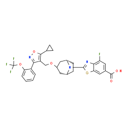 ChemSpider 2D Image | 2-[(1R,5S)-3-({5-Cyclopropyl-3-[2-(trifluoromethoxy)phenyl]-1,2-oxazol-4-yl}methoxy)-8-azabicyclo[3.2.1]oct-8-yl]-4-fluoro-1,3-benzothiazole-6-carboxylic acid | C29H25F4N3O5S