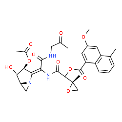 ChemSpider 2D Image | 2-({(1Z)-1-[(3S,4S,5R)-3-Acetoxy-4-hydroxy-1-azabicyclo[3.1.0]hex-2-ylidene]-2-oxo-2-[(2-oxopropyl)amino]ethyl}amino)-1-[(2S)-2-methyl-2-oxiranyl]-2-oxoethyl 3-methoxy-5-methyl-1-naphthoate | C30H33N3O10