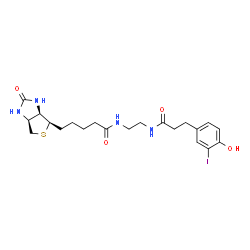 ChemSpider 2D Image | N-(2-{[3-(4-Hydroxy-3-iodophenyl)propanoyl]amino}ethyl)-5-[(3aR,4R,6aS)-2-oxohexahydro-1H-thieno[3,4-d]imidazol-4-yl]pentanamide | C21H29IN4O4S