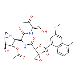 ChemSpider 2D Image | 2-{[(1E)-1-[(3S,4S,5R)-3-Acetoxy-4-hydroxy-1-azabicyclo[3.1.0]hex-2-ylidene]-2-{[(1Z)-1-hydroxy-3-oxo-1-buten-2-yl]amino}-2-oxoethyl]amino}-1-[(2S)-2-methyl-2-oxiranyl]-2-oxoethyl 3-methoxy-5-methyl-1
-naphthoate | C31H33N3O11