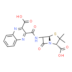 ChemSpider 2D Image | 3-{[(2S,5R)-2-Carboxy-3,3-dimethyl-7-oxo-4-thia-1-azabicyclo[3.2.0]hept-6-yl]carbamoyl}-2-quinoxalinecarboxylic acid | C18H16N4O6S