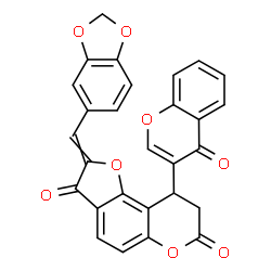 ChemSpider 2D Image | (2Z)-2-[(Z)-1,3-Benzodioxol-5-ylmethylene]-9-(4-oxo-4H-chromen-3-yl)-8,9-dihydro-7H-furo[2,3-f]chromene-3,7(2H)-dione | C28H16O8