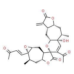 ChemSpider 2D Image | (1a'R,2'R,3aR,3a'R,4aR,6R,6a'R,7a'R,8aR,9S,10aR)-7-Acetyl-8a-hydroxy-2',9-dimethyl-3-methylene-1a'-[(1E)-3-oxo-1-buten-1-yl]-2',3,3',3a,3a',4,4a,6a',7',7a',8a,9,10,10a-tetradecahydro-1a'H,2H-spiro[fur
o[2',3':5,6]cyclohepta[1,2-b]pyran-6,6'-oxireno[4,5]cyclohepta[1,2-b]furan]-2,5'-dione | C29H34O9