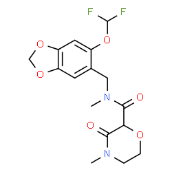 ChemSpider 2D Image | N-{[6-(Difluoromethoxy)-1,3-benzodioxol-5-yl]methyl}-N,4-dimethyl-3-oxo-2-morpholinecarboxamide | C16H18F2N2O6