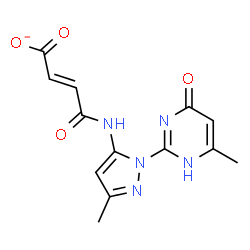 ChemSpider 2D Image | (2E)-4-{[3-Methyl-1-(6-methyl-4-oxo-1,4-dihydro-2-pyrimidinyl)-1H-pyrazol-5-yl]amino}-4-oxo-2-butenoate | C13H12N5O4