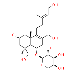 ChemSpider 2D Image | (1S,4aS,6R,8S)-6-Hydroxy-3,8-bis(hydroxymethyl)-4-[(3E)-5-hydroxy-3-methyl-3-penten-1-yl]-4a,8-dimethyl-1,2,4a,5,6,7,8,8a-octahydro-1-naphthalenyl alpha-L-arabinopyranoside | C25H42O9