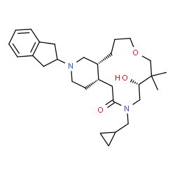 ChemSpider 2D Image | (4aS,9R,15aR)-7-(Cyclopropylmethyl)-2-(2,3-dihydro-1H-inden-2-yl)-9-hydroxy-10,10-dimethyltetradecahydropyrido[4,3-i][1,6]oxazacyclotridecin-6(7H)-one | C29H44N2O3