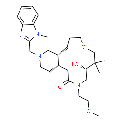 ChemSpider 2D Image | (4aS,9R,15aR)-9-Hydroxy-7-(2-methoxyethyl)-10,10-dimethyl-2-[(1-methyl-1H-benzimidazol-2-yl)methyl]tetradecahydropyrido[4,3-i][1,6]oxazacyclotridecin-6(7H)-one | C28H44N4O4