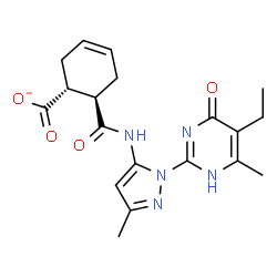ChemSpider 2D Image | (1R,6R)-6-{[1-(5-Ethyl-6-methyl-4-oxo-1,4-dihydro-2-pyrimidinyl)-3-methyl-1H-pyrazol-5-yl]carbamoyl}-3-cyclohexene-1-carboxylate | C19H22N5O4