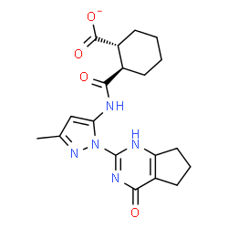 ChemSpider 2D Image | (1R,2R)-2-{[3-Methyl-1-(4-oxo-4,5,6,7-tetrahydro-1H-cyclopenta[d]pyrimidin-2-yl)-1H-pyrazol-5-yl]carbamoyl}cyclohexanecarboxylate | C19H22N5O4