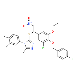 ChemSpider 2D Image | 3-[(1-{3-Chloro-4-[(4-chlorobenzyl)oxy]-5-ethoxyphenyl}-2-nitroethyl)sulfanyl]-4-(3,4-dimethylphenyl)-5-methyl-4H-1,2,4-triazole | C28H28Cl2N4O4S