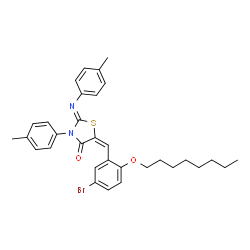 ChemSpider 2D Image | (2Z,5E)-5-[5-Bromo-2-(octyloxy)benzylidene]-3-(4-methylphenyl)-2-[(4-methylphenyl)imino]-1,3-thiazolidin-4-one | C32H35BrN2O2S