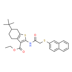 ChemSpider 2D Image | Ethyl 6-(2-methyl-2-propanyl)-2-{[(2-naphthylsulfanyl)acetyl]amino}-4,5,6,7-tetrahydro-1-benzothiophene-3-carboxylate | C27H31NO3S2
