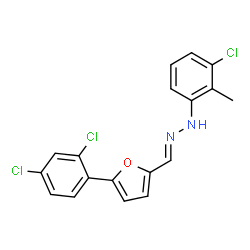 ChemSpider 2D Image | (2E)-1-(3-Chloro-2-methylphenyl)-2-{[5-(2,4-dichlorophenyl)-2-furyl]methylene}hydrazine | C18H13Cl3N2O