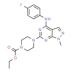 ChemSpider 2D Image | Ethyl 4-{4-[(4-fluorophenyl)amino]-1-methyl-1H-pyrazolo[3,4-d]pyrimidin-6-yl}-1-piperazinecarboxylate | C19H22FN7O2