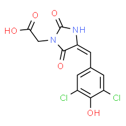 ChemSpider 2D Image | [(4E)-4-(3,5-Dichloro-4-hydroxybenzylidene)-2,5-dioxo-1-imidazolidinyl]acetic acid | C12H8Cl2N2O5