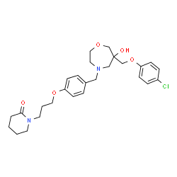 ChemSpider 2D Image | 1-{3-[4-({6-[(4-Chlorophenoxy)methyl]-6-hydroxy-1,4-oxazepan-4-yl}methyl)phenoxy]propyl}-2-piperidinone | C27H35ClN2O5