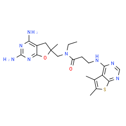 ChemSpider 2D Image | N-[(2,4-Diamino-6-methyl-5,6-dihydrofuro[2,3-d]pyrimidin-6-yl)methyl]-N~3~-(5,6-dimethylthieno[2,3-d]pyrimidin-4-yl)-N-ethyl-beta-alaninamide | C21H28N8O2S